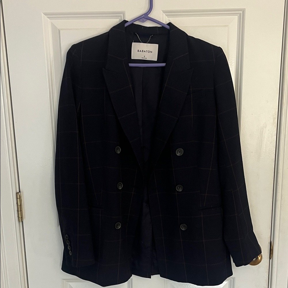 Babaton navy Windowpane Double-Breasted Blazer with matching pants